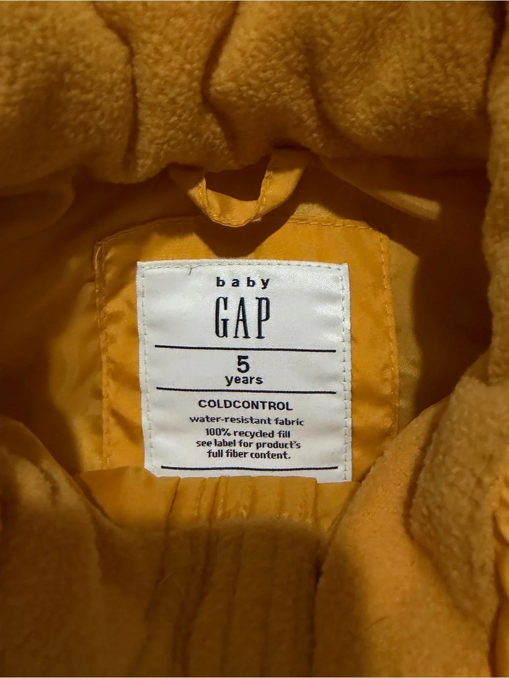 Gap ColdControl Yellow Puffer Vest Size 5Y Water Resistant Insulated Zip